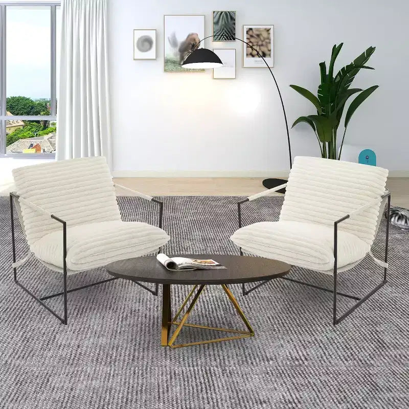 Living Room Sling Chair, Set of 2, Metal Frame with Armrests, Shredded Foam Cushion, Oversized Lounge Chair for Bedroom, Study, Light Gray