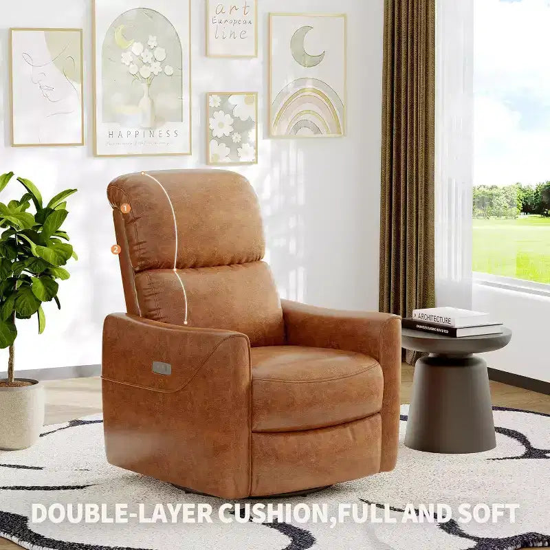 Swivel glider lounger with lumbar support, imitation leather interior, suitable for living room, bedroom baby lounger