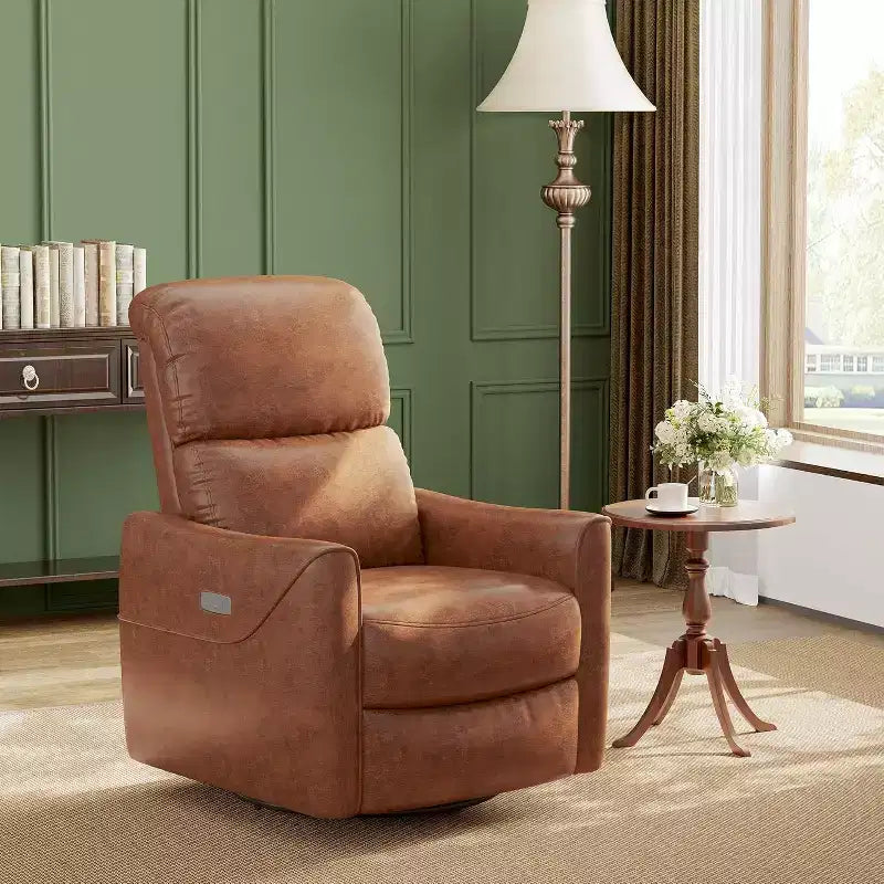 Swivel glider lounger with lumbar support, imitation leather interior, suitable for living room, bedroom baby lounger
