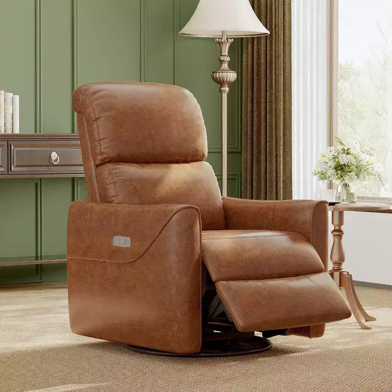Swivel glider lounger with lumbar support, imitation leather interior, suitable for living room, bedroom baby lounger
