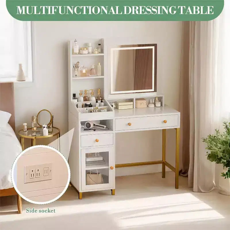 38 Vanity Desk, Modern Makeup Dressing Table, with 3 Color LED Lighted Mirror and Power Outlet, for Bedroom, Studio