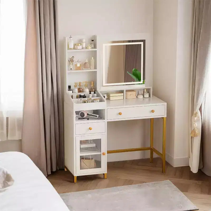 38 Vanity Desk, Modern Makeup Dressing Table, with 3 Color LED Lighted Mirror and Power Outlet, for Bedroom, Studio