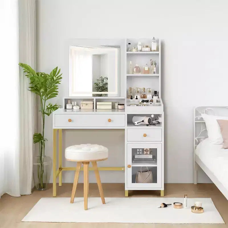 38 Vanity Desk, Modern Makeup Dressing Table, with 3 Color LED Lighted Mirror and Power Outlet, for Bedroom, Studio