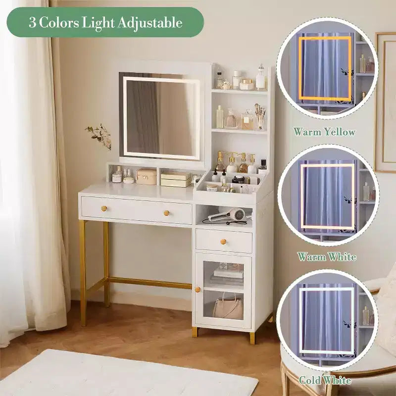 38 Vanity Desk, Modern Makeup Dressing Table, with 3 Color LED Lighted Mirror and Power Outlet, for Bedroom, Studio