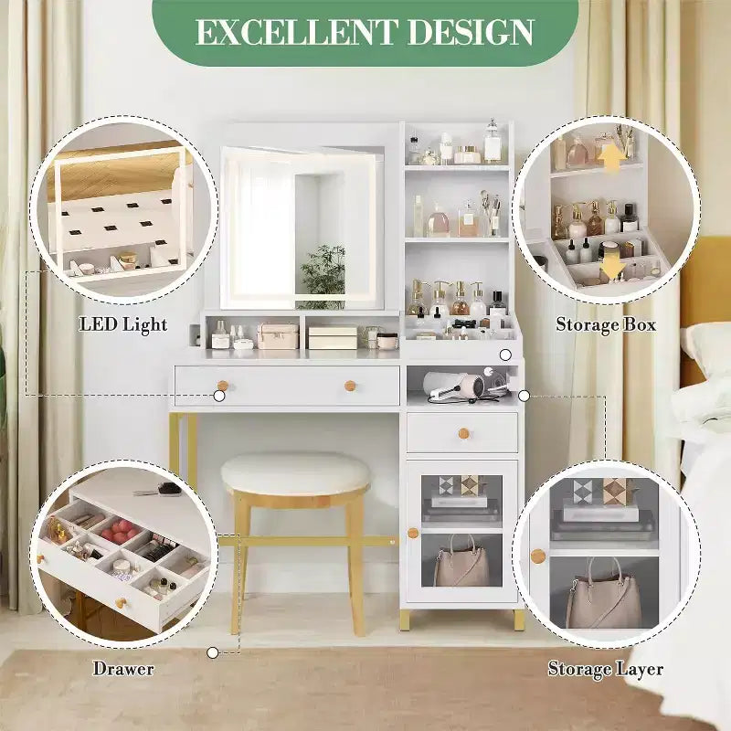 38 Vanity Desk, Modern Makeup Dressing Table, with 3 Color LED Lighted Mirror and Power Outlet, for Bedroom, Studio