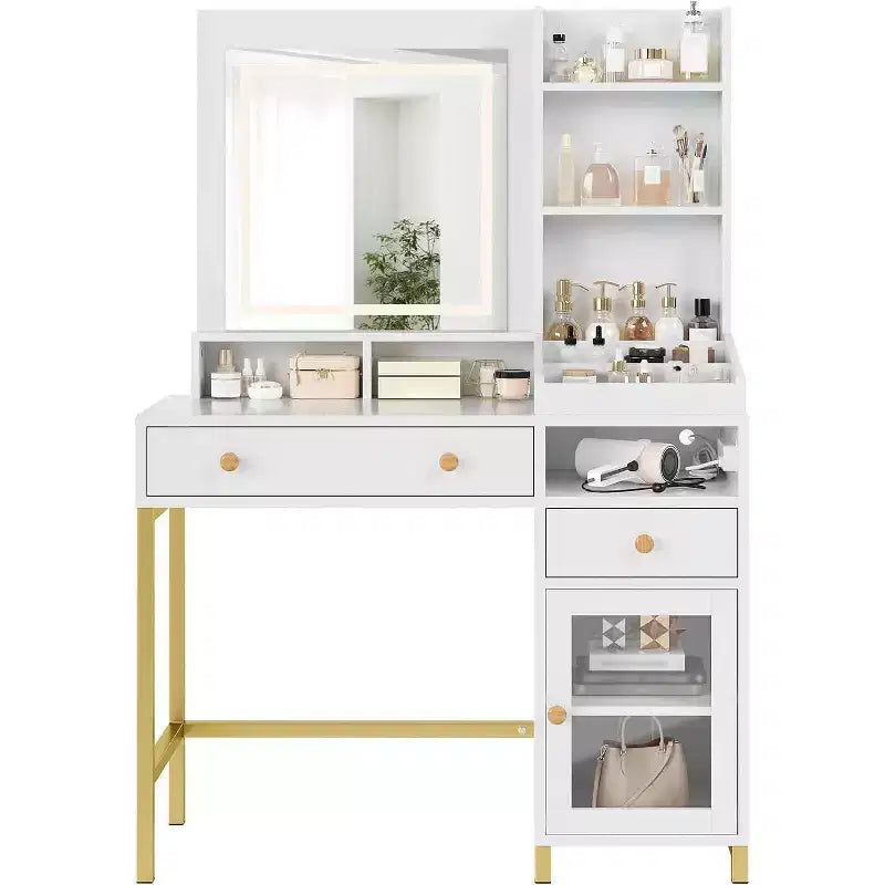 38 Vanity Desk, Modern Makeup Dressing Table, with 3 Color LED Lighted Mirror and Power Outlet, for Bedroom, Studio