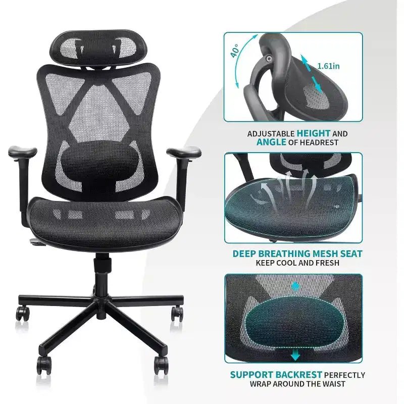 Chaise de bureau ergonomique en maille, chaise d'ordinateur avec soutien lombaire réglable, accoudoir et appui-tête, chaise de bureau à domicile entrecroisée, noire