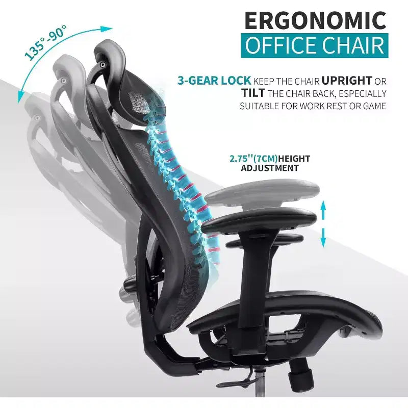 Chaise de bureau ergonomique en maille, chaise d'ordinateur avec soutien lombaire réglable, accoudoir et appui-tête, chaise de bureau à domicile entrecroisée, noire