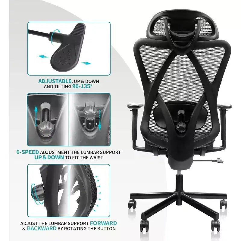Chaise de bureau ergonomique en maille, chaise d'ordinateur avec soutien lombaire réglable, accoudoir et appui-tête, chaise de bureau à domicile entrecroisée, noire