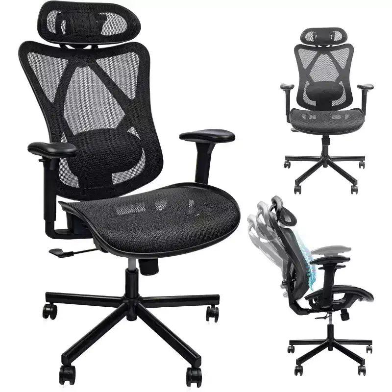 Chaise de bureau ergonomique en maille, chaise d'ordinateur avec soutien lombaire réglable, accoudoir et appui-tête, chaise de bureau à domicile entrecroisée, noire
