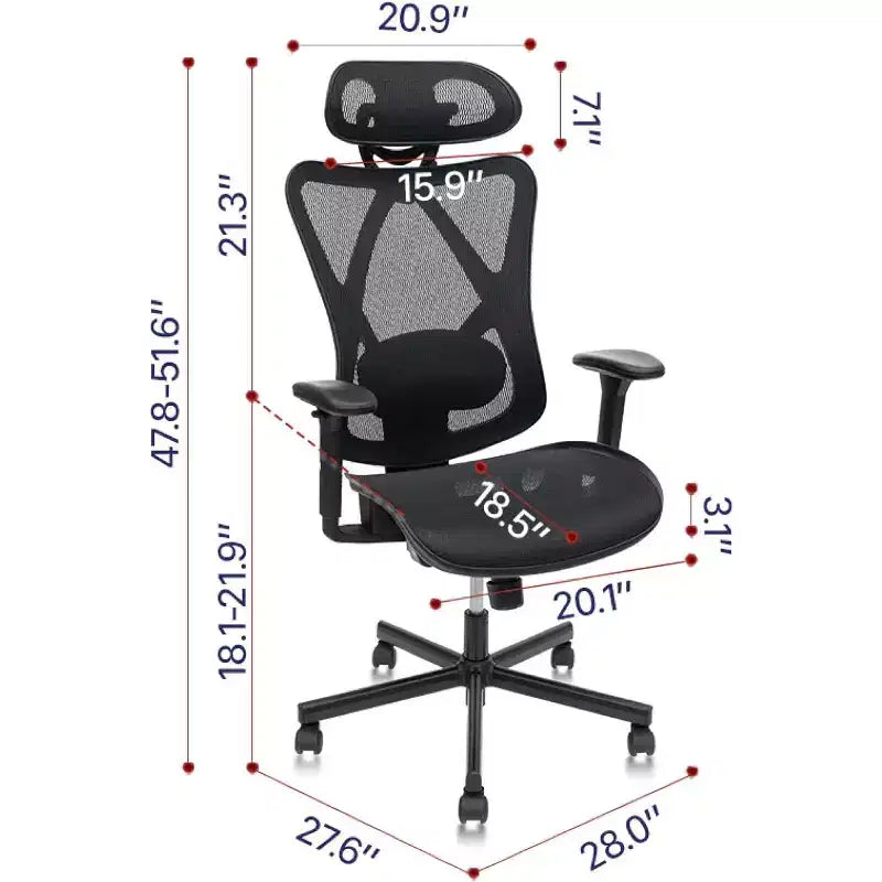 Chaise de bureau ergonomique en maille, chaise d'ordinateur avec soutien lombaire réglable, accoudoir et appui-tête, chaise de bureau à domicile entrecroisée, noire