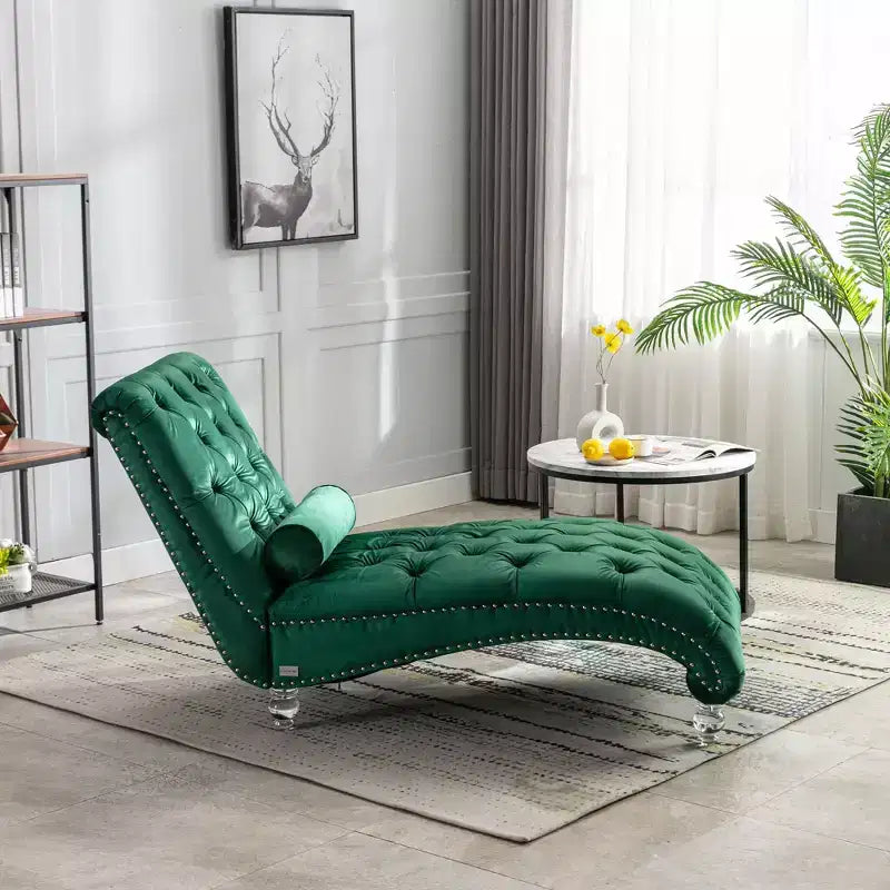 Okak Luxurious Velvet Button Tufted Chaise Lounge Chair with Transparent Feet,Comfy Upholstered Accent Chair for Bedroom,Living Room,Office