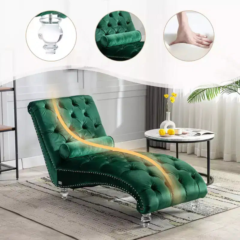 Okak Luxurious Velvet Button Tufted Chaise Lounge Chair with Transparent Feet,Comfy Upholstered Accent Chair for Bedroom,Living Room,Office