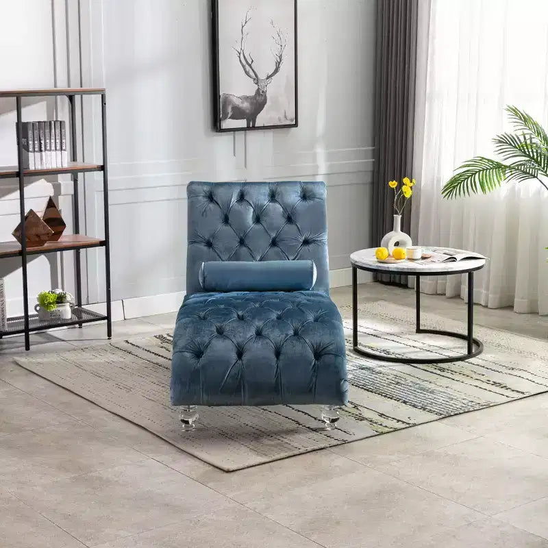 Okak Luxurious Velvet Button Tufted Chaise Lounge Chair with Transparent Feet,Comfy Upholstered Accent Chair for Bedroom,Living Room,Office