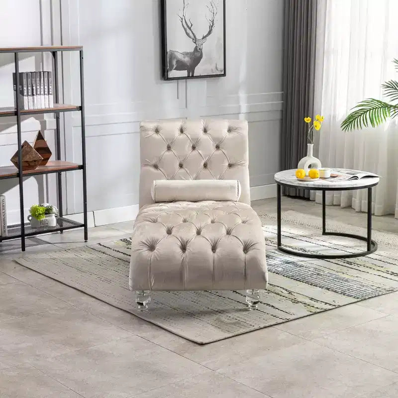 Okak Luxurious Velvet Button Tufted Chaise Lounge Chair with Transparent Feet,Comfy Upholstered Accent Chair for Bedroom,Living Room,Office