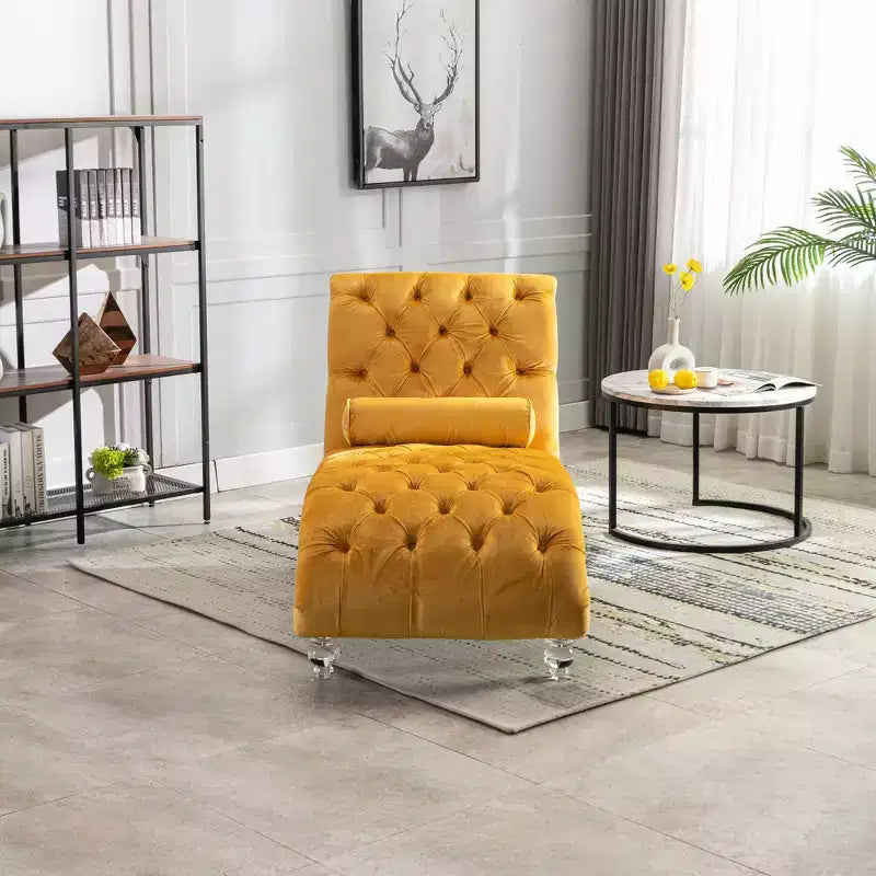 Okak Luxurious Velvet Button Tufted Chaise Lounge Chair with Transparent Feet,Comfy Upholstered Accent Chair for Bedroom,Living Room,Office