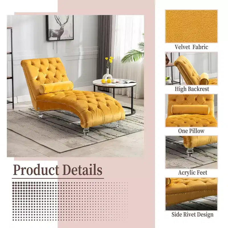 Okak Luxurious Velvet Button Tufted Chaise Lounge Chair with Transparent Feet,Comfy Upholstered Accent Chair for Bedroom,Living Room,Office