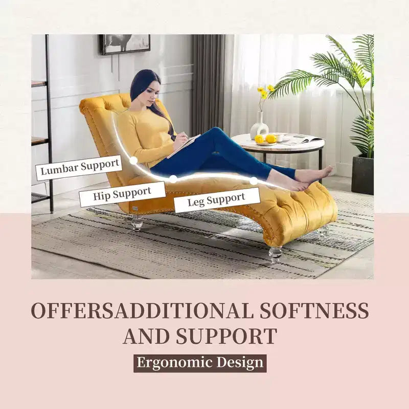 Okak Luxurious Velvet Button Tufted Chaise Lounge Chair with Transparent Feet,Comfy Upholstered Accent Chair for Bedroom,Living Room,Office