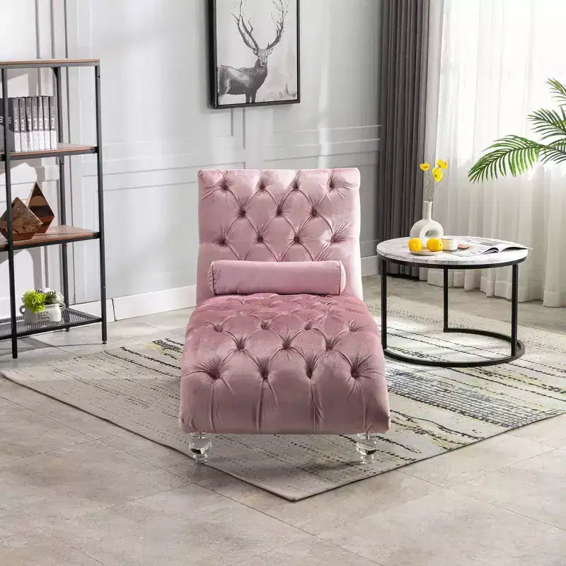 Okak Luxurious Velvet Button Tufted Chaise Lounge Chair with Transparent Feet,Comfy Upholstered Accent Chair for Bedroom,Living Room,Office