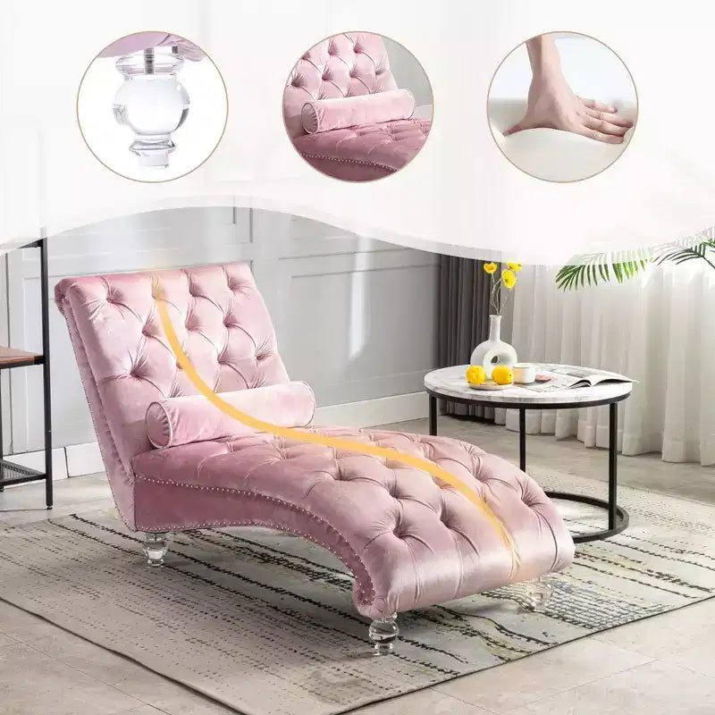 Okak Luxurious Velvet Button Tufted Chaise Lounge Chair with Transparent Feet,Comfy Upholstered Accent Chair for Bedroom,Living Room,Office
