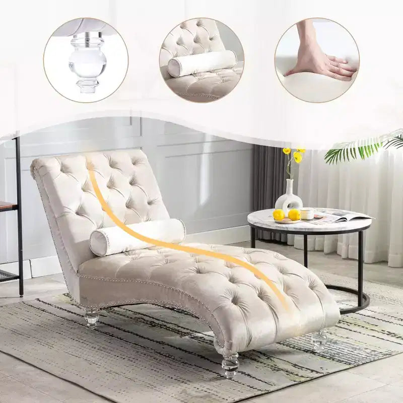 Okak Luxurious Velvet Button Tufted Chaise Lounge Chair with Transparent Feet,Comfy Upholstered Accent Chair for Bedroom,Living Room,Office