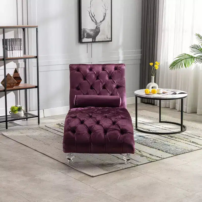 Okak Luxurious Velvet Button Tufted Chaise Lounge Chair with Transparent Feet,Comfy Upholstered Accent Chair for Bedroom,Living Room,Office
