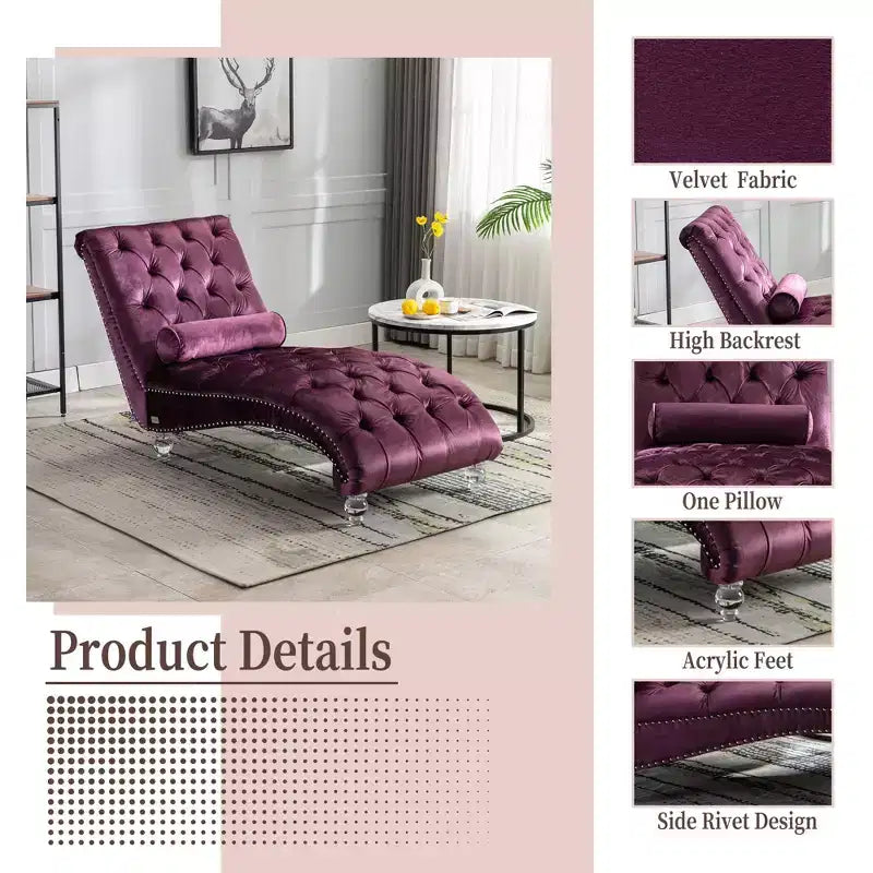 Okak Luxurious Velvet Button Tufted Chaise Lounge Chair with Transparent Feet,Comfy Upholstered Accent Chair for Bedroom,Living Room,Office