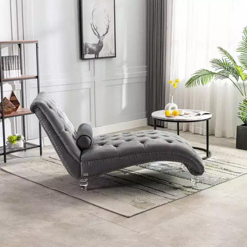 Okak Luxurious Velvet Button Tufted Chaise Lounge Chair with Transparent Feet,Comfy Upholstered Accent Chair for Bedroom,Living Room,Office