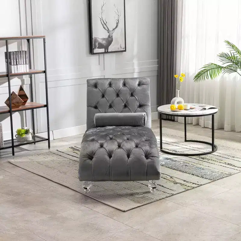 Okak Luxurious Velvet Button Tufted Chaise Lounge Chair with Transparent Feet,Comfy Upholstered Accent Chair for Bedroom,Living Room,Office
