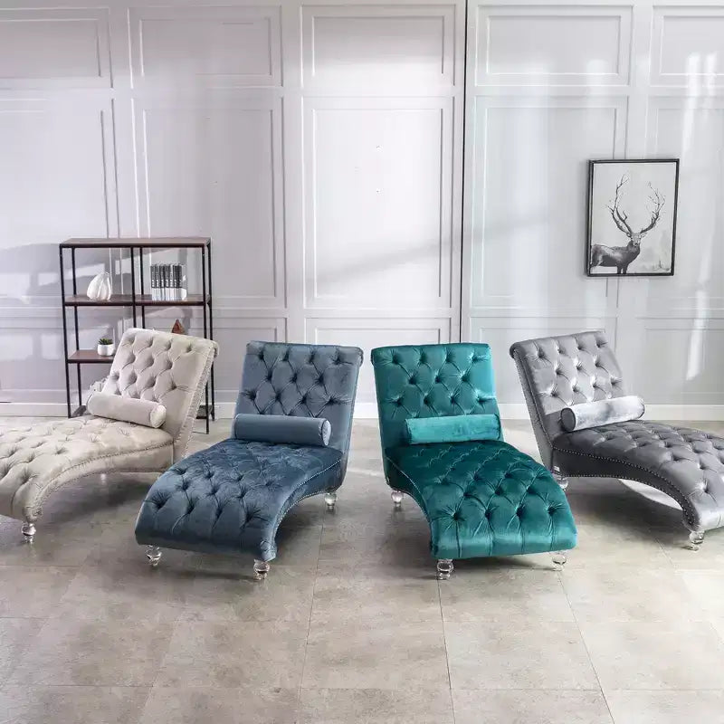 Okak Luxurious Velvet Button Tufted Chaise Lounge Chair with Transparent Feet,Comfy Upholstered Accent Chair for Bedroom,Living Room,Office