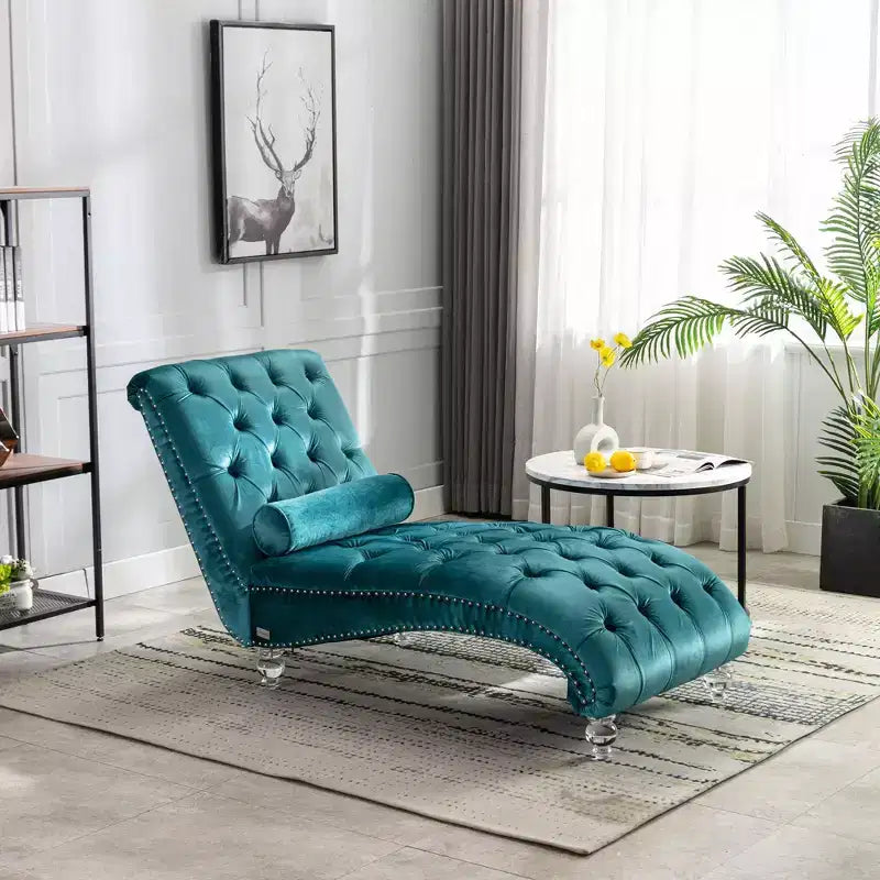 Okak Luxurious Velvet Button Tufted Chaise Lounge Chair with Transparent Feet,Comfy Upholstered Accent Chair for Bedroom,Living Room,Office
