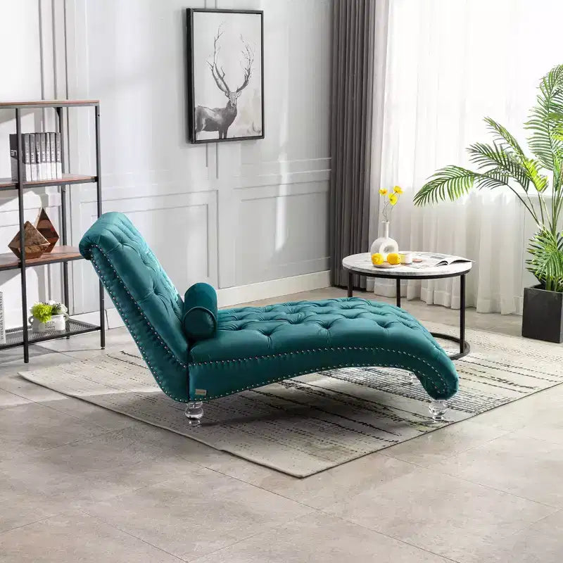 Okak Luxurious Velvet Button Tufted Chaise Lounge Chair with Transparent Feet,Comfy Upholstered Accent Chair for Bedroom,Living Room,Office