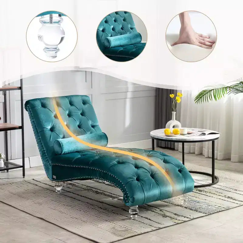Okak Luxurious Velvet Button Tufted Chaise Lounge Chair with Transparent Feet,Comfy Upholstered Accent Chair for Bedroom,Living Room,Office
