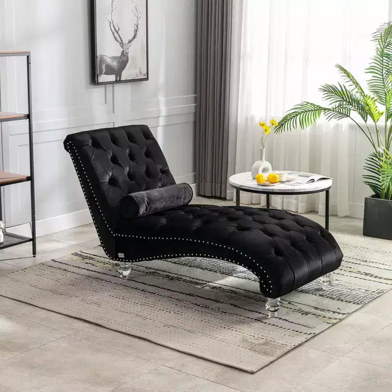Okak Luxurious Velvet Button Tufted Chaise Lounge Chair with Transparent Feet,Comfy Upholstered Accent Chair for Bedroom,Living Room,Office