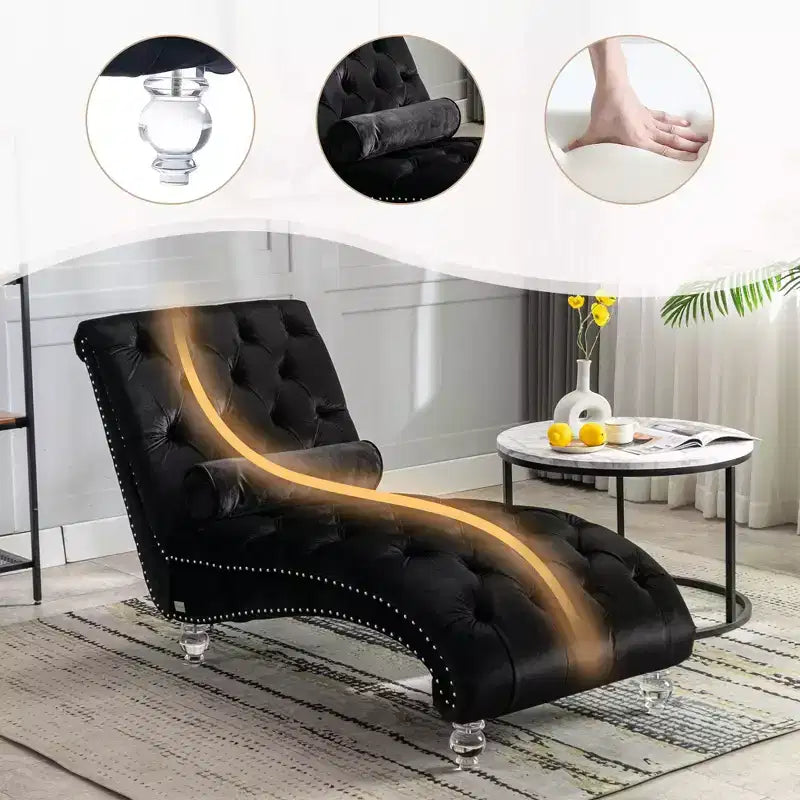 Okak Luxurious Velvet Button Tufted Chaise Lounge Chair with Transparent Feet,Comfy Upholstered Accent Chair for Bedroom,Living Room,Office