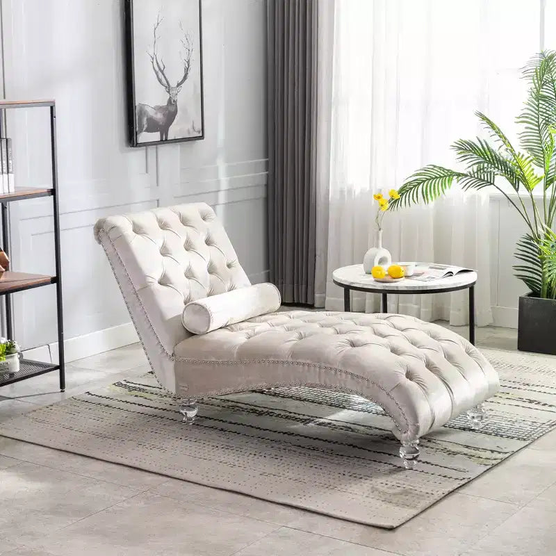 Okak Luxurious Velvet Button Tufted Chaise Lounge Chair with Transparent Feet,Comfy Upholstered Accent Chair for Bedroom,Living Room,Office