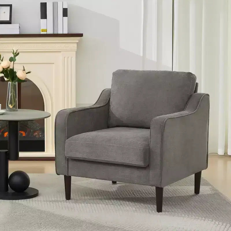 Modern Comfy Accent Chair, Linen Fabric Upholstered Armchair,Reading Side Chair, Single Sofa with Back Pillow and Wood Legs for Living Room, Beige