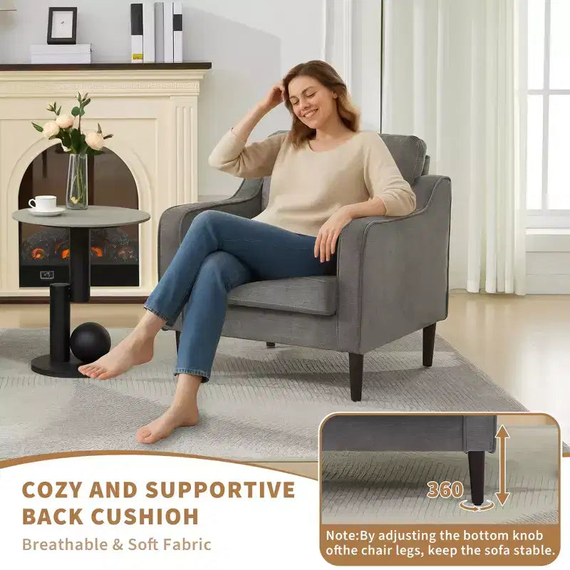 Fauteuil d'appoint moderne et confortable, fauteuil rembourré en tissu de lin, chaise de lecture d'appoint, canapé individuel avec coussin de dossier et pieds en bois pour salon, beige