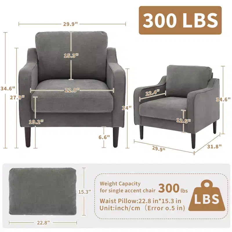 Fauteuil d'appoint moderne et confortable, fauteuil rembourré en tissu de lin, chaise de lecture d'appoint, canapé individuel avec coussin de dossier et pieds en bois pour salon, beige