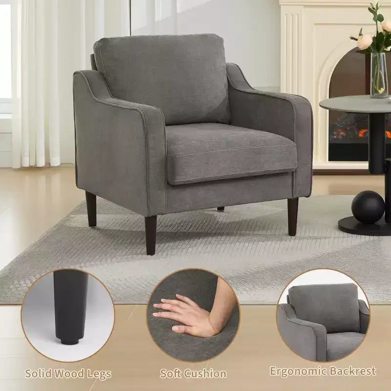Fauteuil d'appoint moderne et confortable, fauteuil rembourré en tissu de lin, chaise de lecture d'appoint, canapé individuel avec coussin de dossier et pieds en bois pour salon, beige