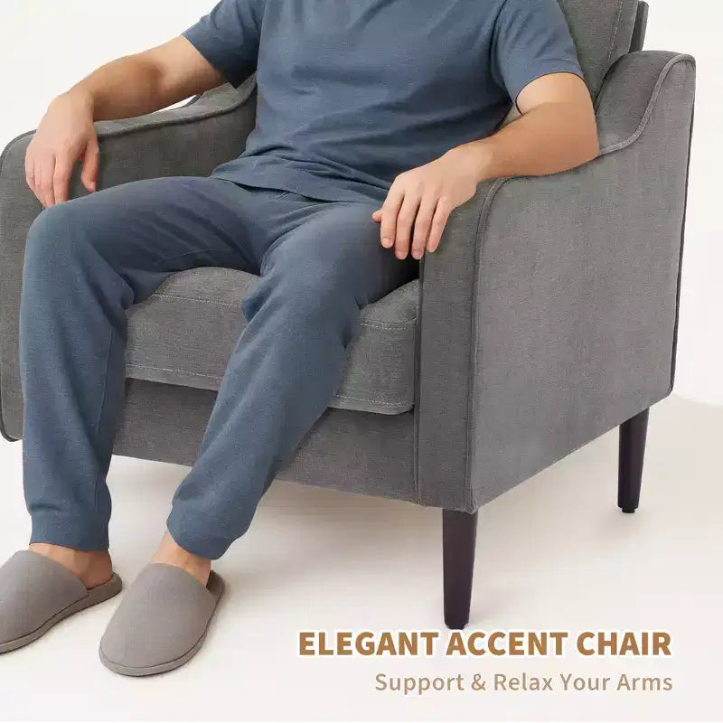 Fauteuil d'appoint moderne et confortable, fauteuil rembourré en tissu de lin, chaise de lecture d'appoint, canapé individuel avec coussin de dossier et pieds en bois pour salon, beige