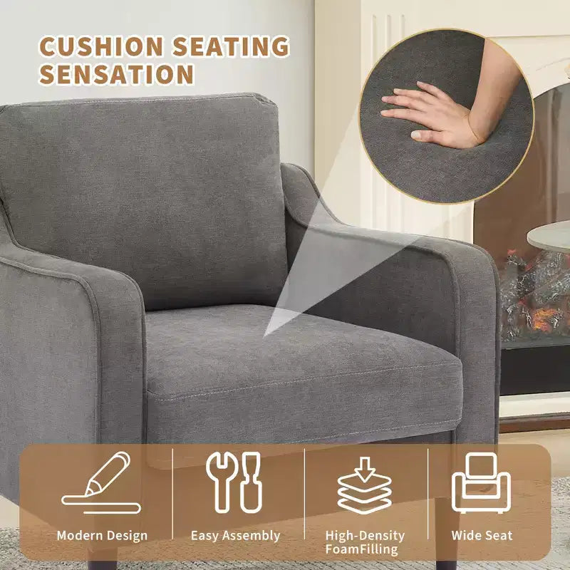 Fauteuil d'appoint moderne et confortable, fauteuil rembourré en tissu de lin, chaise de lecture d'appoint, canapé individuel avec coussin de dossier et pieds en bois pour salon, beige