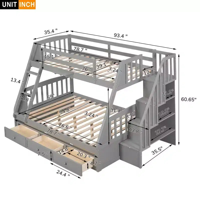 Lit superposé double sur plein avec tiroirs et escalier de rangement