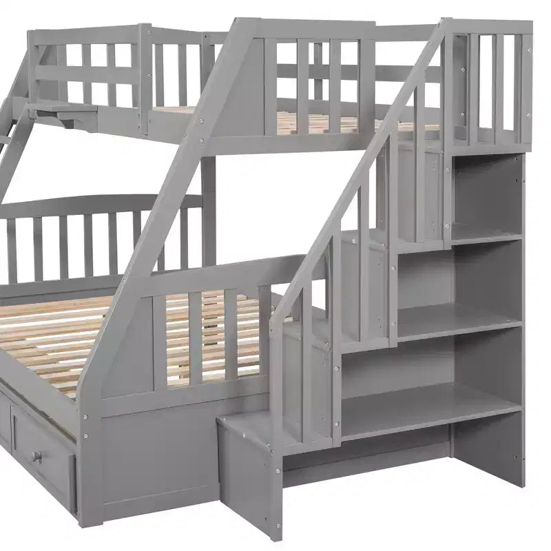 Lit superposé double sur plein avec tiroirs et escalier de rangement