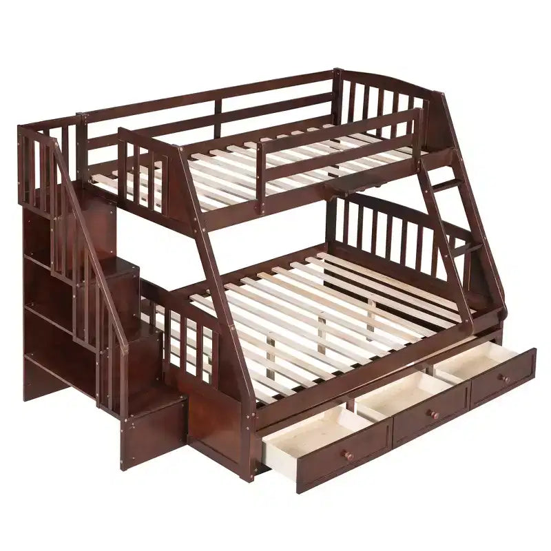 Lit superposé double sur plein avec tiroirs et escalier de rangement