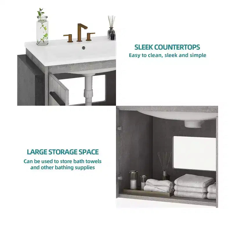Meuble sous-vasque de salle de bain 24 pouces avec lavabo en céramique, meuble de rangement mural moderne pour salle de bain