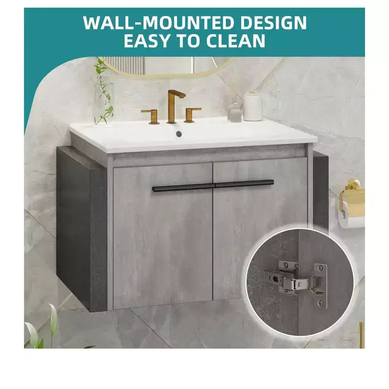 Meuble sous-vasque de salle de bain 24 pouces avec lavabo en céramique, meuble de rangement mural moderne pour salle de bain