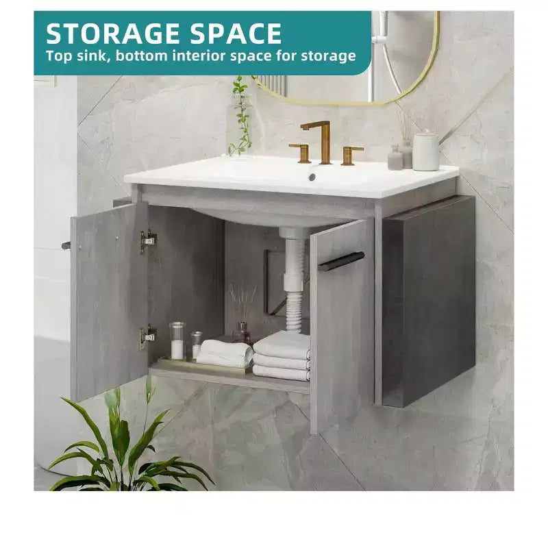 Meuble sous-vasque de salle de bain 24 pouces avec lavabo en céramique, meuble de rangement mural moderne pour salle de bain