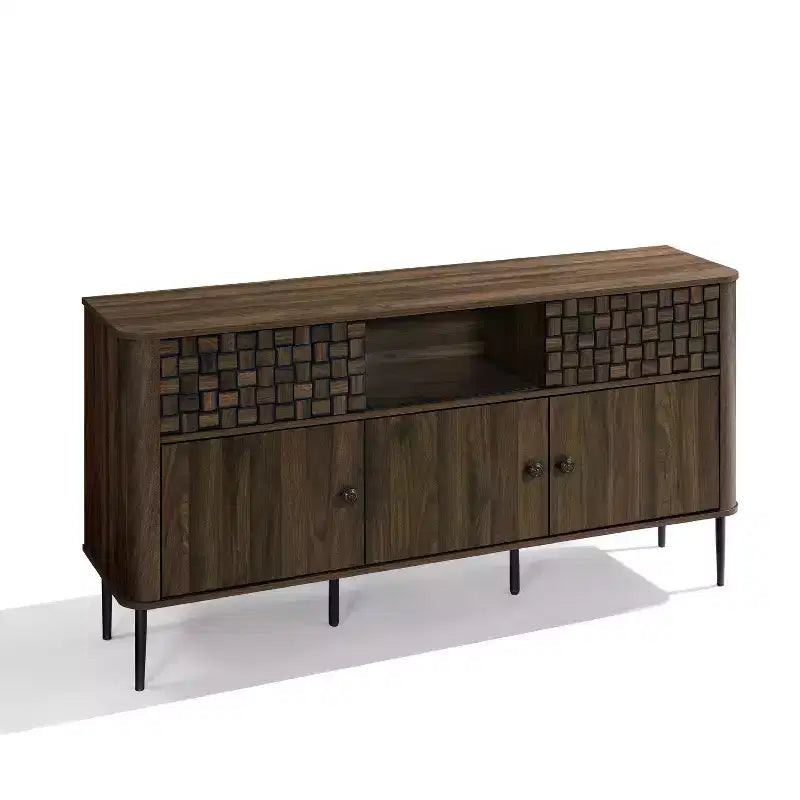 Bahut en bois manufacturé chêne foncé avec tissage à chevrons, 3 portes battantes et 2 portes coulissantes