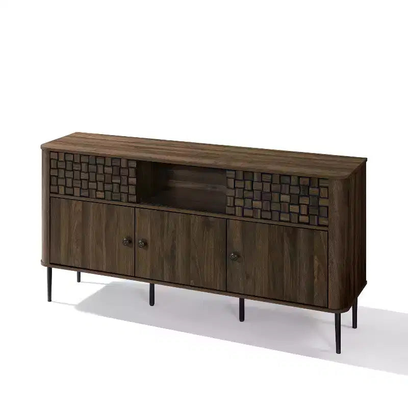 Bahut en bois manufacturé chêne foncé avec tissage à chevrons, 3 portes battantes et 2 portes coulissantes